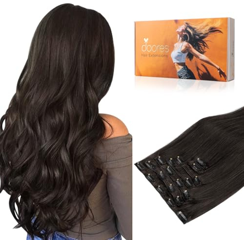 DOORES Clip in Extensions Echthaar, Dunkel Braun 45cm 18 Zoll 7 Stück 120g Remy Menschlich Clips in Haarverlängerung Menschliches Haar Natürliche Echthaar Extensions Dicke Haare