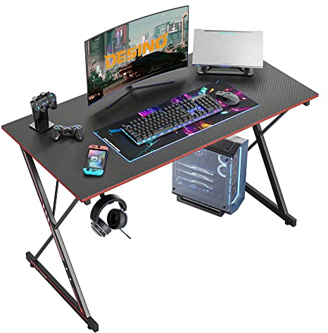 DESINO Gaming Schreibtisch, 100 x 50 cm Ergonomischer Computertisch, Tisch mit Kohlefaseroberfläche, stabiles Kopfhörerhaken zum Spielen, Lernen, Zuhause, Schlafzimmer, Schwarz