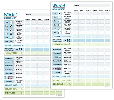 Gioco di dadi Blocco DIN A6, ben leggibile e ben progettato, moderno blocco di ricambio, pratico blocco da viaggio, adatto anche per bambini, set da gioco a cubetti, gioco di famiglia (2 x blu)