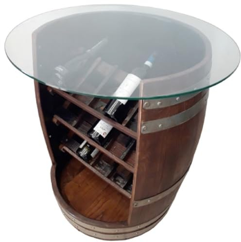 Casa Padrino Mesa de Bar de Barril de Lujo marrón/Plata Ø 78 x A. 80 cm - Mesa de Barril de Vino de Madera Maciza con Tapa de Vidrio y Estante de Vino - Muebles terrazas jardín Bar gastronomía