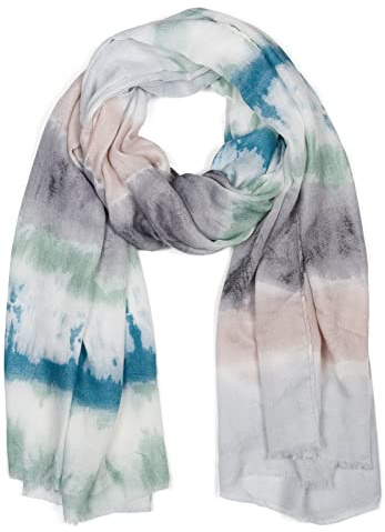 styleBREAKER Bufanda de mujer con estampado de rayas batik de colores y flecos cortos, bufanda ligera, estola 01016216, color:Gris-verde-azul