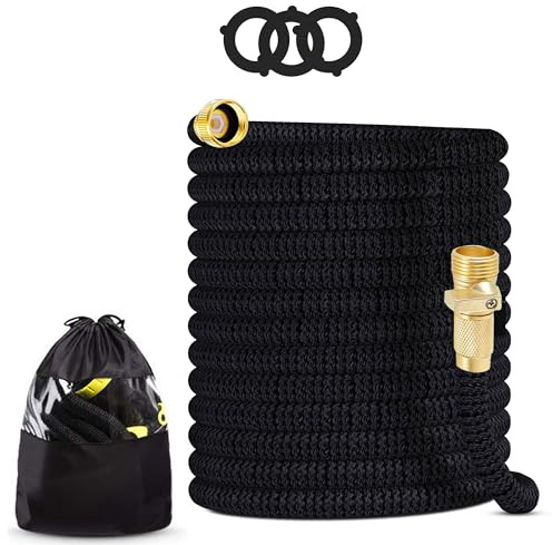J&B XpandaHose 100ft Expandable Garden Hose - Heavy Duty Superior Strength 3750D - 4 -Layer Latex Core - Extra Strong Brass Connectors and Storage Bag (Black 100)