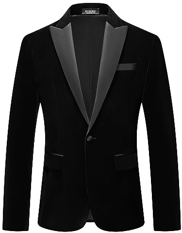 Mens Velvet Blazer Slim Fit Suit Jacket for Men Peaked Lapel One Button Tuxedo Blazer Wedding Prom Dinner Black