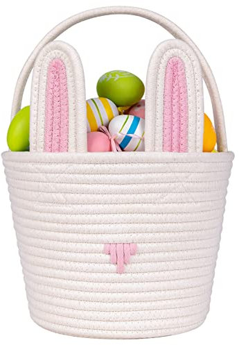 CubesLand Cesta de conejo de Pascua para niños con oreja, cesta de caza de huevos de Pascua, regalos de Pascua para niñas, bebés, niños, rosa y blanco, 9.8 x 7.8 x 7.8 pulgadas