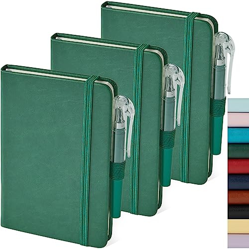 NIRMIRO Mini Notizbuch A6 mit Stift, 3 Stück Notizblock Klein 9,4 x 14,5 cm Hardcover Taschen Notizbücher mit Stifthalter, Gummiband, dickes Papier, grünes Leder Notizbuch