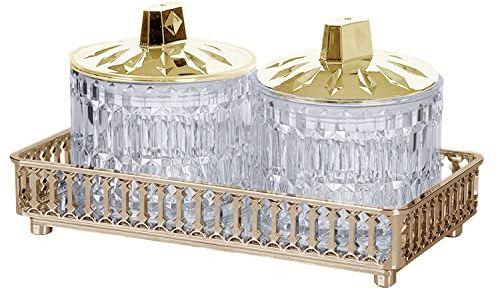 2pc 400ML Crystal Clear Plastic Jars & Lids, Sweet Jars Dry Fruits Spices Kitchen Canisters with 1x Polished Decorative Tray Mirror Glass Tray Perfume Tray (Gold)