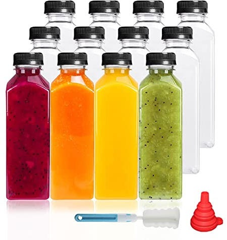 YBCPACK 12 bottiglie di succo di plastica da 500 ml, riutilizzabili, per frullati vuoti, con spazzola per la pulizia e imbuto in silicone, ideali per mini frigorifero e spremiagrumi