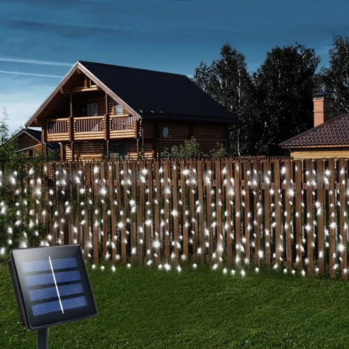 CCILAND 6M x 1M 300 LED Solar Vorhang Lichter Outdoor Garten mit 8 Modi | Grüner Draht Wasserfall Vorhang Lichterkette für Garten Terrasse Pavillon Zaun Dekoration (Warmweiß)