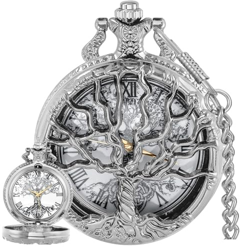 Tiong Pocket Watch Hollow Tree Design Roman Numerals Quartz with Chain Birthday Gifts(Silver)