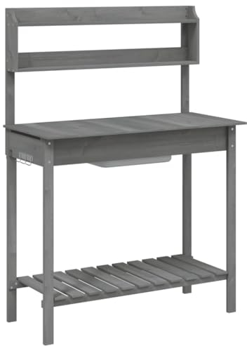 vidaXL Pflanztisch mit Waschbecken, Gärtnertisch mit Stauraum, Blumentisch für Terrasse Garten, Gartenarbeitstisch, Grau Massivholz Tanne