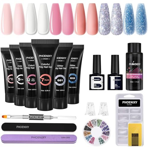 Phoenixy Kit Ongle Gel U V Complet 6 Couleurs Rose Bleu Vernis Semi Permanent Base et Top Coat DIY Nail Art à La Maison Kit Ongles pour Débutants Limes à Ongles