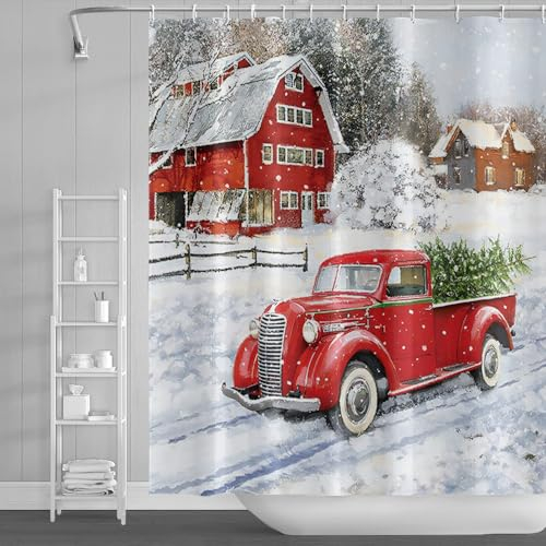 Duschvorhang Weihnachtswagen Rot Duschvorhang Stoff Polyester Badevorhang Duschvorhang Wasserdicht Antischimmel Shower Curtains mit 12 Duschvorhangringen Duschvorhang Badewanne 200x220cm