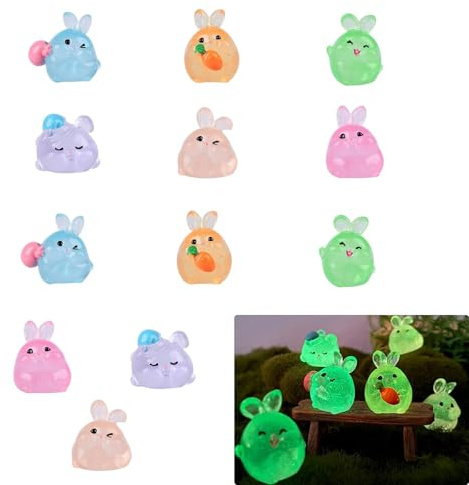 RAMTRIO Lot de 12 mini figurines lumineuses en résine - Mini animaux lumineux - Figurine de lapin miniature pour paysage miniature - Décoration de la maison - Jardin miniature - Artisanat - Décoration