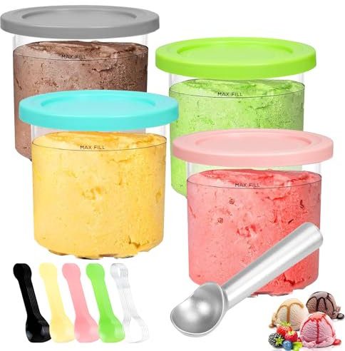 OT-NVWOZR 4 Pack Ice Cream Containers, 16oz/500ml Creami Deluxe Tubs Creamy Pints and Lids Compatible with Ice Cream Maker, Colorful Dessert Tubs Cups with Metal Scoop &25 Scoops