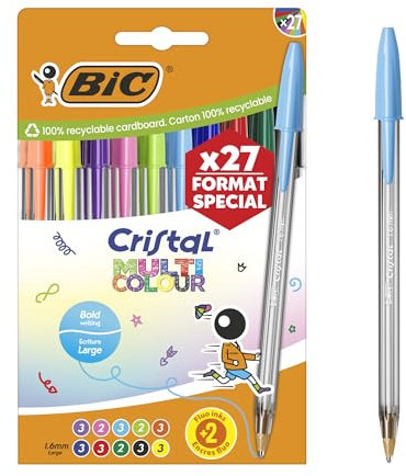 BIC Cristal Multicolour Bolígrafos de Punta Ancha (1,6 mm) Set Formato Especial - Colores Clásicos, Neón y Divertidos Surtidos, Pack de 27