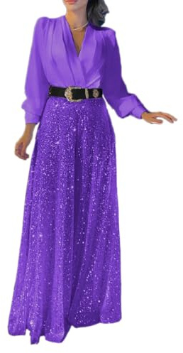 shownicer Damen Jumpsuit Elegant Einteiler Weites Bein Paillettenhose Playsuit Langarm V-Ausschnitt Glitzer-Overall Lang Pailletten Hosenanzug