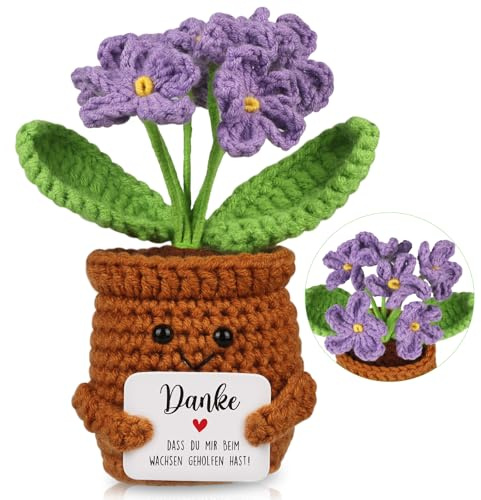 WenmthG Kleines Dankeschön Geschenk Glücksbringer Gehäkelte Lila Blume für Frauen Freunde Kollegen Abschied Ruhestand Weihnachts Papa Mama Oma Opa Pocket Hug Blume Positive Kartoffel Deutsch Ersatz