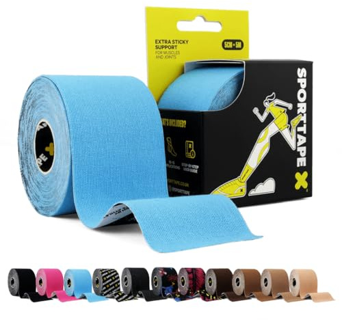 SPORTTAPE Bande kinésiologique - Bleu - 5 cm x 5 m | Bande de kiné et strapping sportif pour genou, épaule, cheville, dos | Étanche, hypoallergénique, soutien musculaire et articulaire