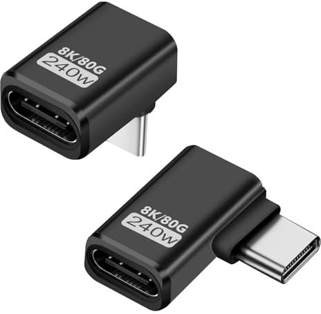 Puiseno Adattatore USB-C da 2 pezzi, supporta Thunderbolt 5, USB 4 Gen 2, 240 W, 80 Gbps, compatibile con tutti i dispositivi, angolare laterale e verticale, nero