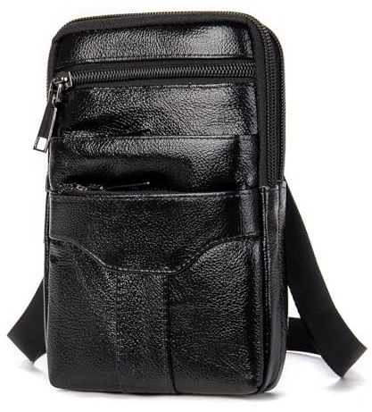 Mobiltelefon midjeväska herr, svart crossbody-väska läder, vertikal bältesväska klämma telefon axelväska för klättring vandring camping utomhus sport messengerväska, svart