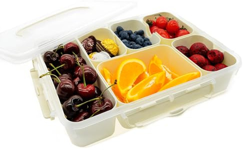BOPPIE Divided Serving Tray with Lid and Handle - Portable Snackle Box Charcuterie Container - Clear Versatile Organizer for Party Snacks, Fruits, Nuts, Veggies - BPA-Free Food Storage (Ivory)