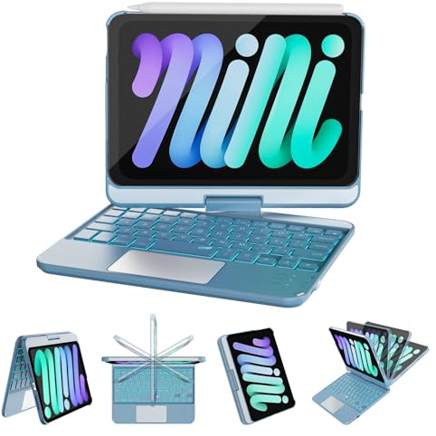 RAYMCRAFT Funda para iPad mini 7 (A17 Pro, 2024) y Mini 6 (2021) con teclado, teclado retroiluminado de 7 colores con trackpad, apagado y encendido automático, funda giratoria de 360° para iPad mini