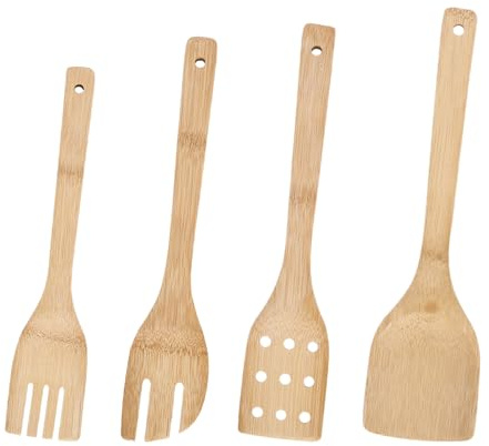 4 Stück Kochlöffel Holz, 30cm Küchenutensilien Set mit Pfannenwender Holzspatel Holzkochlöffel, BPA-Frei, Kratzfest, Hitzebeständig, Ergonomisches Design, für Pfannen Antihaftbeschichtung
