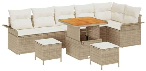 vidaXL 9-delat Trädgårdsoff set Med Kuddar Beige Poly Rattan Akacia Utomhusmöbler För Stilig Sittning 4 Sits Modern Modulär Patio