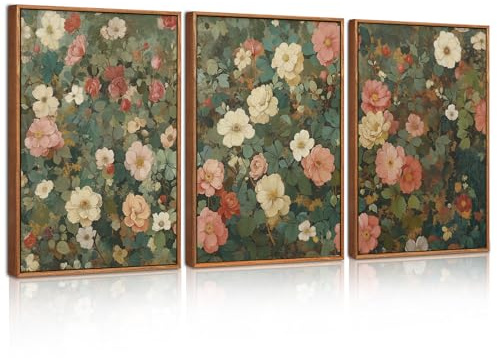 Celestdeco Gerahmte Leinwand-Bilderserie Vintage Blüten Retro Botanische Wildblumen Wanddekoration,Boho Florale Wandkunst Bilder mit Rahmen für Wohnzimmer Schlafzimmer Esszimmer Büro