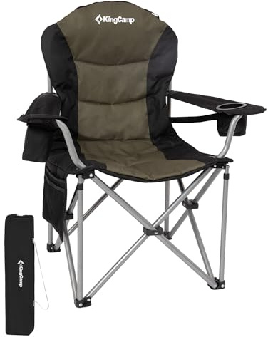 KingCamp Campingstuhl Faltbar Ergonomisch Gepolstert XXL bis 250kg Grün | Klappstuhl mit Verstellbarer Lendenwirbelstütze, Kühltasche für Camping, Garten, Angeln & Festival