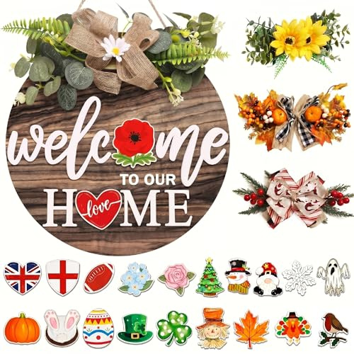 Mivoesy 30cm Welcome Sign for Front Door, Seasonal Door Wreath Decor | Wooden Round Hanging Plaque with 4 Seasonal Wreaths & 21 Interchangeable Accessories, Housewarming Gift for New Home Porch