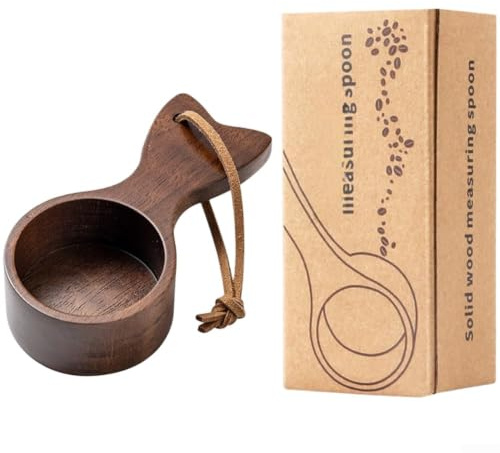 Cuchara medidora de café de nogal negro, cuchara de madera para granos de café molidos, té, diseño de borde liso con correa de cuero, capacidad de 30 ml (B)
