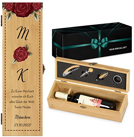 Maverton Weinbox für 0,7L Weinflasche - Wein Holzbox personalisiert + 4er Weinzubehör - Weinset Weinkiste - aus Bambus - Braun - Geschenk zum Hochzeitstag Paare - Brautpaar