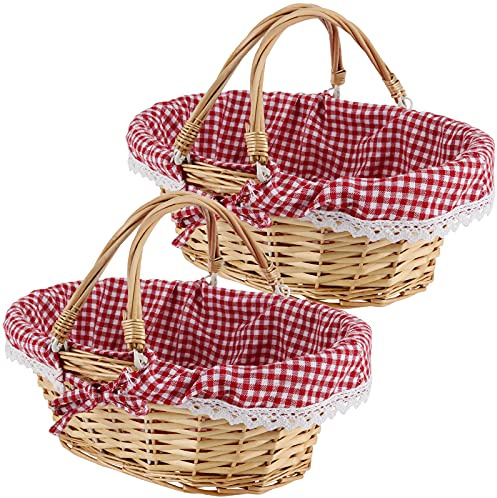 MAHIONG 2 PCS Natural Wicker Basket with Double Handles and Washable Gingham Liner, Small Hand Woven Gifts Basket Empty for Easter, Picnics, Gifts, Home Decor, Candy Fruit Storage, 13 x 9 x 4.7 Inch