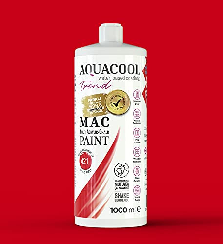 AquaCool - Pintura multisuperficie, acrílico, tiza, mate, secado rápido, para uso interior y exterior en muebles, madera, plástico, vidrio, cerámica, piedra (1000 ml, bandera roja 421)