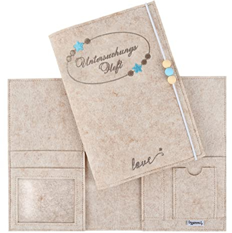 Lezzanna - Untersuchungsheft Hülle - U-Heft für Kinder – Gelbes Vorsorgeheft aus Filz – Impfpasshülle - Schutzhülle - Geschenk für werdende Mütter, zur Geburt oder Taufe (Beige blau)