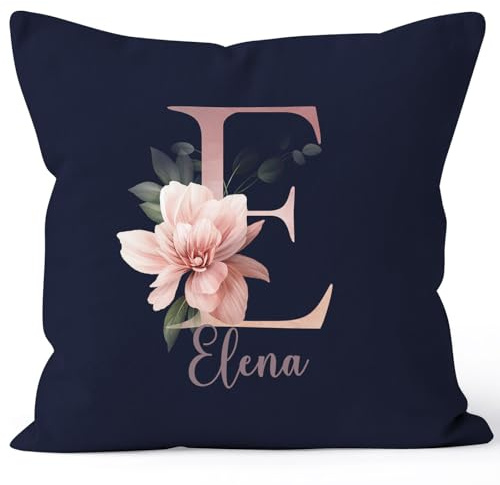SpecialMe®Kissen-Bezug Name Initiale Blumen Eukalyptus Floral Monogramm personalisierte Geschenke Navy 40cm x 40cm