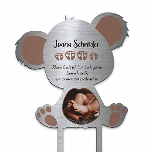 Edelstahl Grabstecker - Blumenstecker als Teddy Bär | Personalisiertes Sternenkind Andenken - Sternenkinder Grabschmuck wetterfest | persönliche Friedhof Grab Kindergrab Dekoration (Personalisierbar)