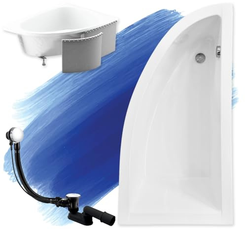 BADLAND Badewanne Original Weiß Acryl Wanne Eckbadewanne PRAKTIKA 140x70 Rechts KOMPLETTSET SET mit Premium Styroporverkleidung + Füßen und Exklusive Chrom Automatik Ablaufgarnitur Made in EU 4in1