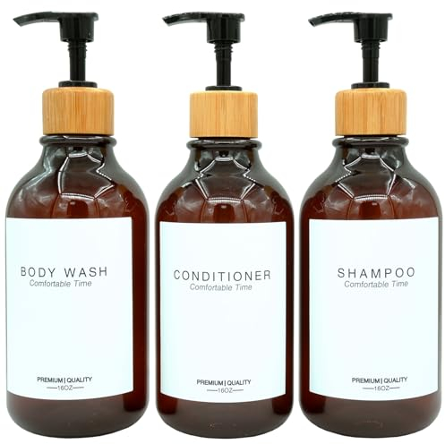 3-Pack Amber Plastic Pump Bottles, BPA-Free Refillable Dispensers for Shampoo, Conditioner, Soap & Oil, Bamboo Pump Head, 16.9oz (500ml)(Amber)