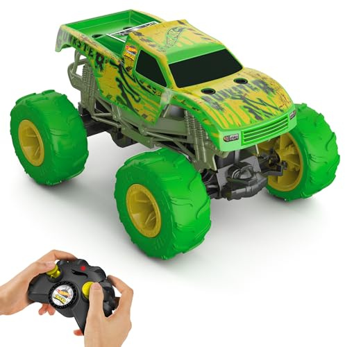 Hot Wheels Camion radiocomandato Gunkster Monster Trucks in scala 1:15, che si illumina al buio, con pneumatici Terrain Action con capacità fuoristrada, HTP15