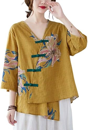 The Princess Bride Hanfu - Blusa casual de lino, manga 3/4, cuello en V, ropa tradicional china con botones de rana china, para verano, A2- Parent, amarillo, XL