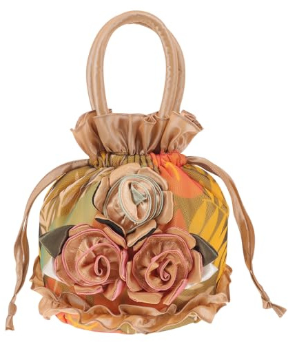 VILLCASE Bolso Cubo Mujer Con Cierre De Cordón Bolso Bombonera Fiesta Elegante Para Banquetes Y Uso Diario Con Flores De Satén Y Asa Portátil