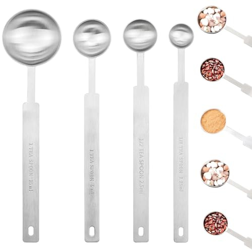 4 PACK Long Handle Measuring Spoons Stainless Steel Metal Spoon Set Stainless Steel Coffee Scoops Includes 1/4 tsp, 1/2 tsp, 1 tsp, 1 tbsp for Accurate Measure Liquid Dry Ingredients Ground Coffee