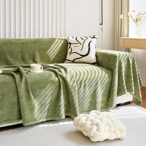 HANDONTIME Dark Green Couch Cover Jacquard Corduroy Couch Cover for Sofa Green Cute Sofa Covers Washable Morden Sofa Covers for 3 Cushion Soft Chenille Sectional Blanket Cover Sofa Decor, 71 X118