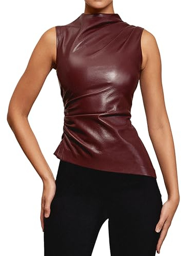 BAIMORE Dam Street Solid Mock Neck Ärmlöst PU-läder Plisserad Slim Fit Tank Top