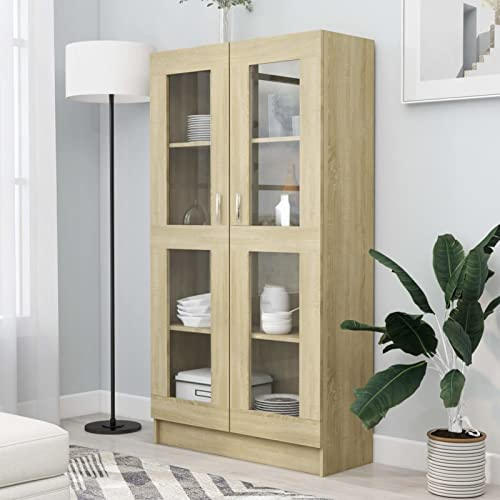 BAZZI Vitrinenschrank Glasvitrine Bücherschrank mit glastüren Bücherregal mit türen Glasschrank Sammlervitrine Standvitrine Küchenschrank-Sonoma Eiche-82.5 x 30.5 x 150 cm