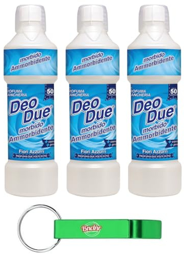 3x DEO DUE Ammorbidente Morbido Concentrato Fiori Azzurri, ideale per tutti i capi,50 lavaggi 1Lt + Portachiavi Beni Culinari in Omaggio