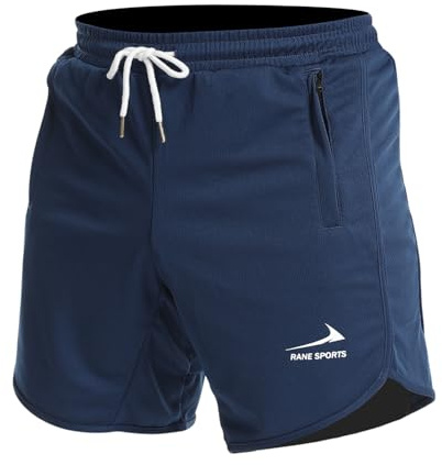 Rane Sports Herren Sportshorts, Laufenshort, Fitness-Training, Gymnastikshorts mit Reißverschlusstaschen Navy blau/mit Handtuchschlaufe S