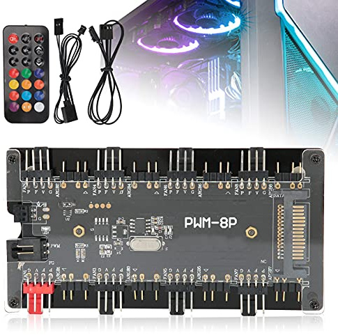 Case Fan Remote Controller Hub with 8 ARGB Ports and 8 Fan Ports, PWM Function ABS PCB Material, 21-Key Remote for Power Supply